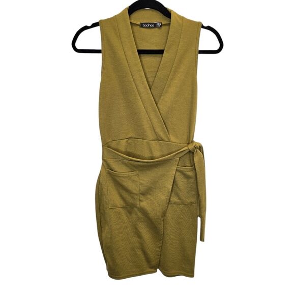 Boohoo Women's US 6 Obi Tie Sleeveless Wrap Mini Dress Olive Green - Picture 1 of 13